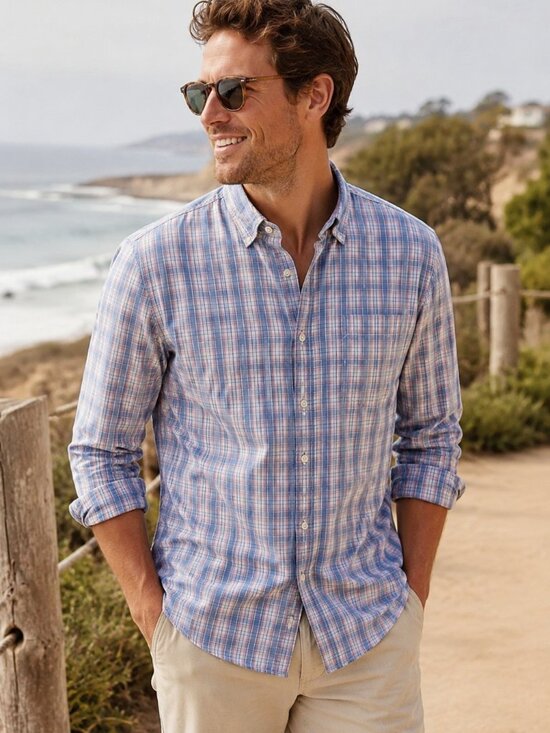 Faherty Other - Faherty Movement Plaid Button Down Shirt Large Blue Pink Supima Cotton Stretch